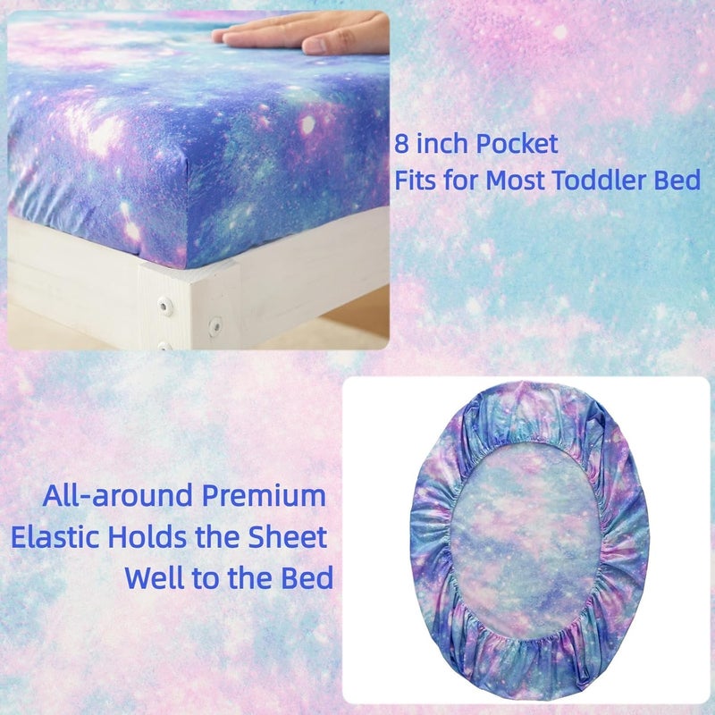 SDIII 4 Piece Colorful Space Toddler Bedding Set, Soft Microfiber Galaxy Toddler Bed Bedding with Comforter, Fitted Sheet, Flat Sheet and Pillowcase - Image 3